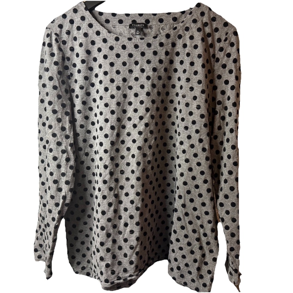 Talbots Women's Size XL Knit Long Sleeve Gray With Black Dots Round Neck Blouse - Picture 4 of 8